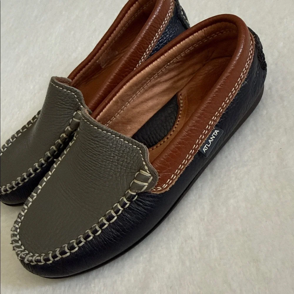Atlanta Mocassin | Handmade Pebbled Leather Loafers Gray/Blue/Brown EU 30/US 13